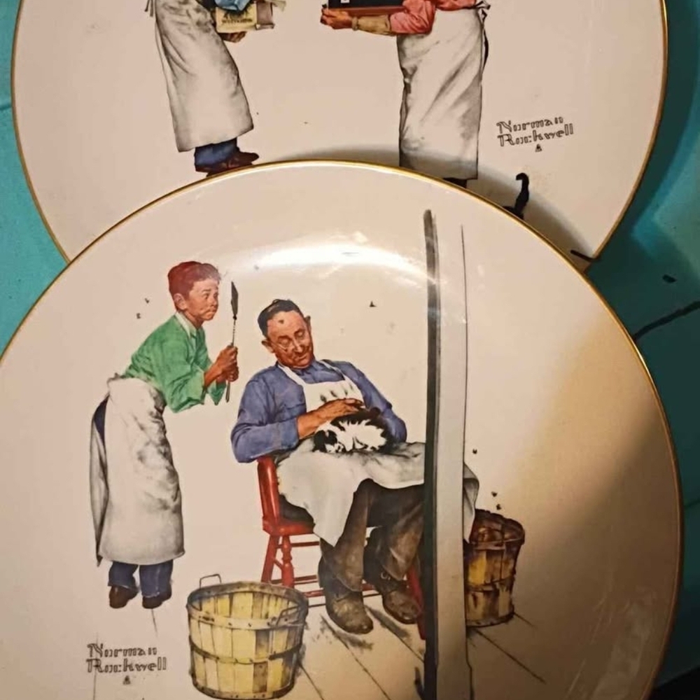 Norman Rockwell Barber Shop Scene Plates - Red, Green, Blue